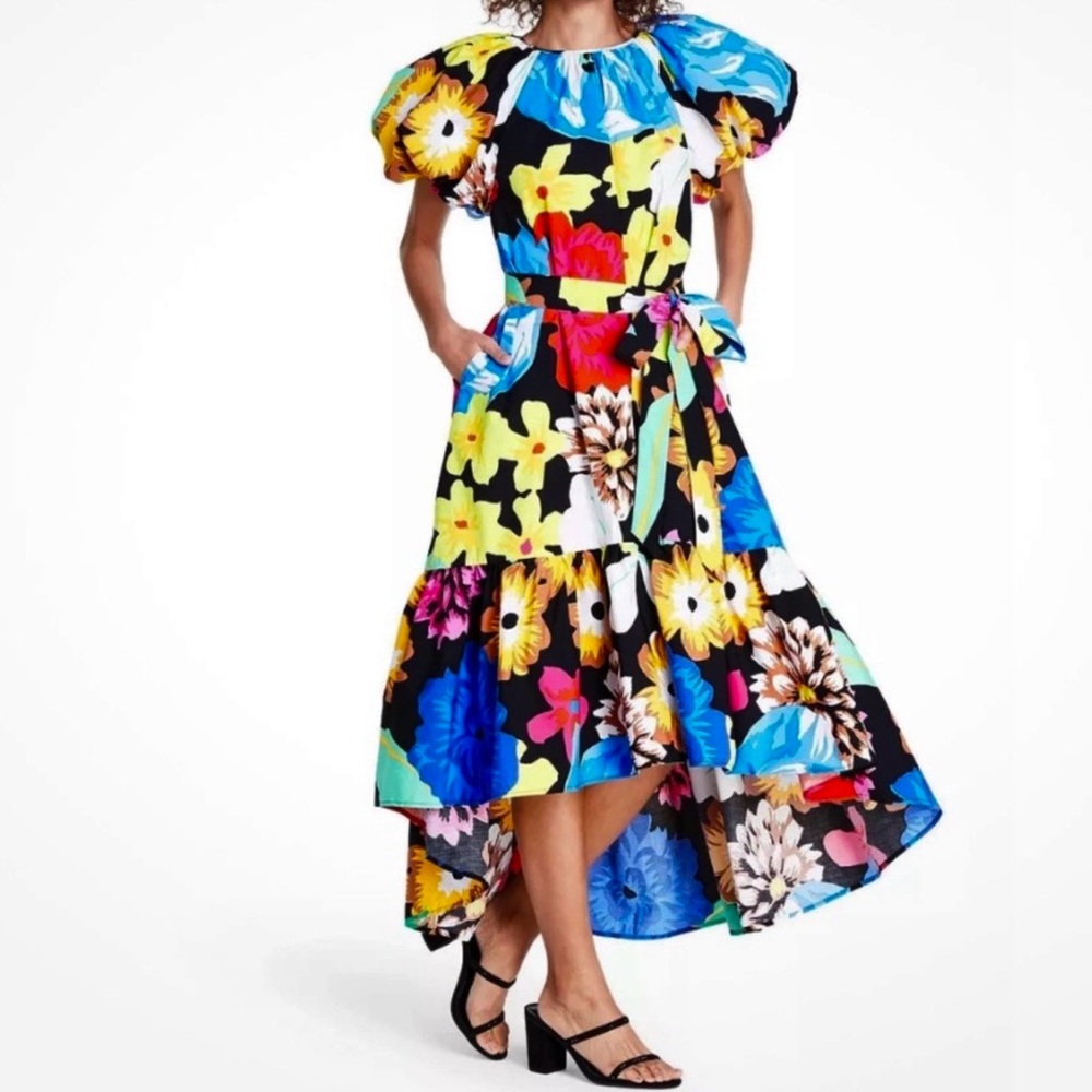 Christopher John Rogers Black Multicolor Floral Midi Dress with Puff Sleeves